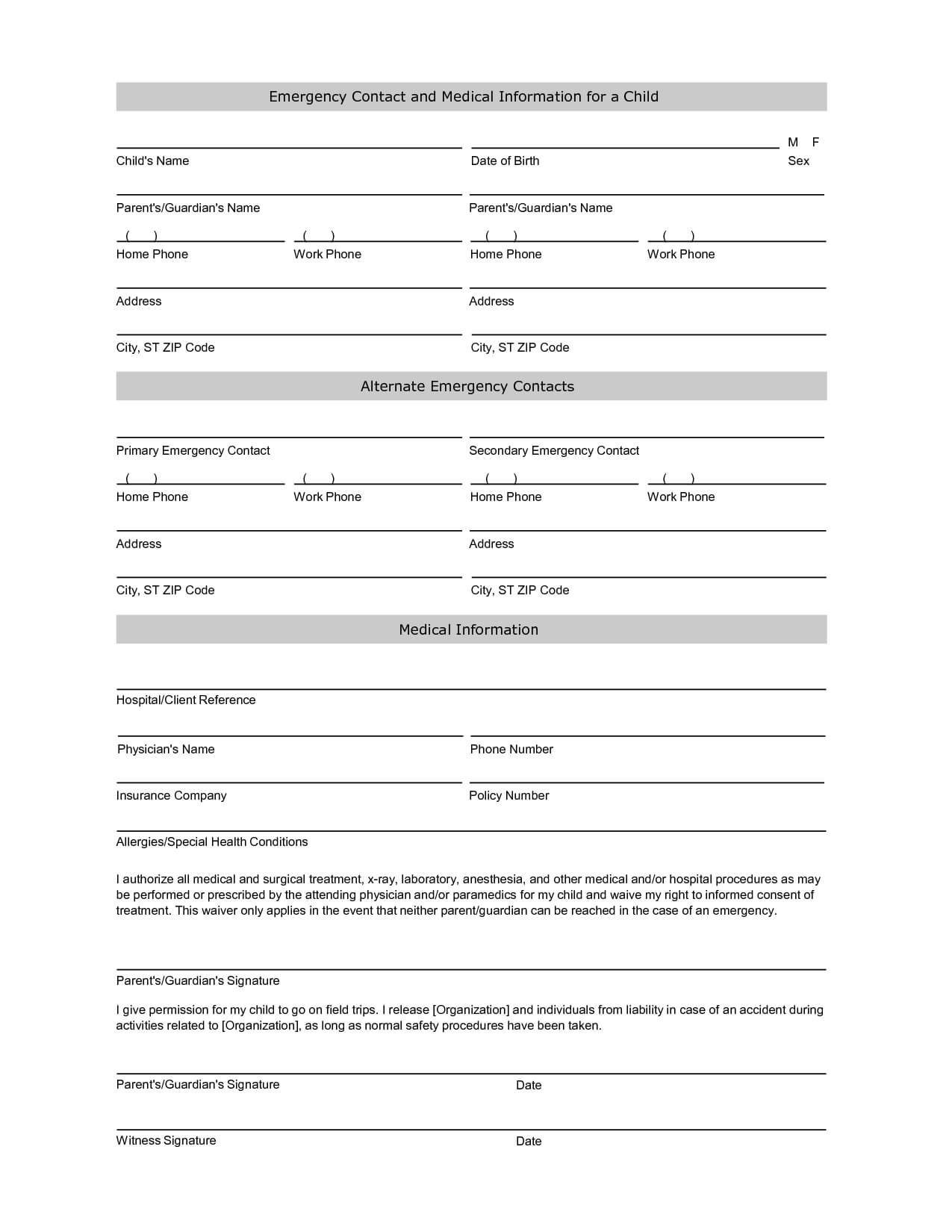 Emergency Contact Information Form Template | Printables intended for Student Information Card Template