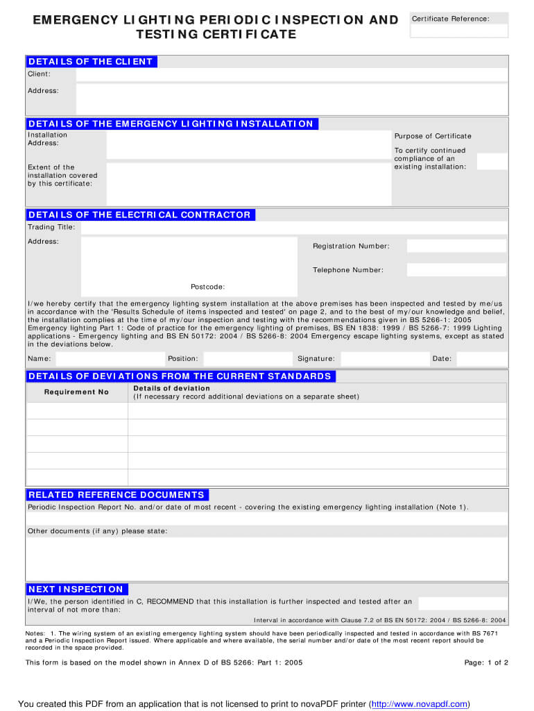 Emergency Lighting Installation Certificate – Fill Online In Minor Electrical Installation Works Certificate Template