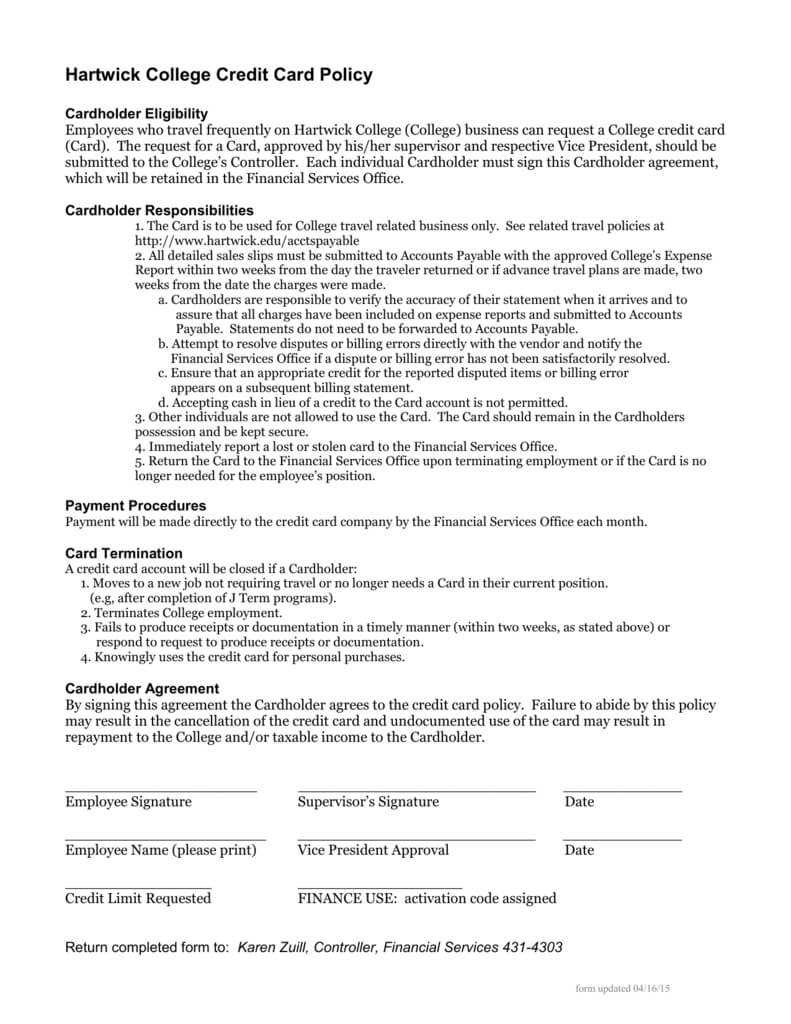 Employee Credit Card Agreement Template Word Uk Hartwick Inside Company Credit Card Policy Template