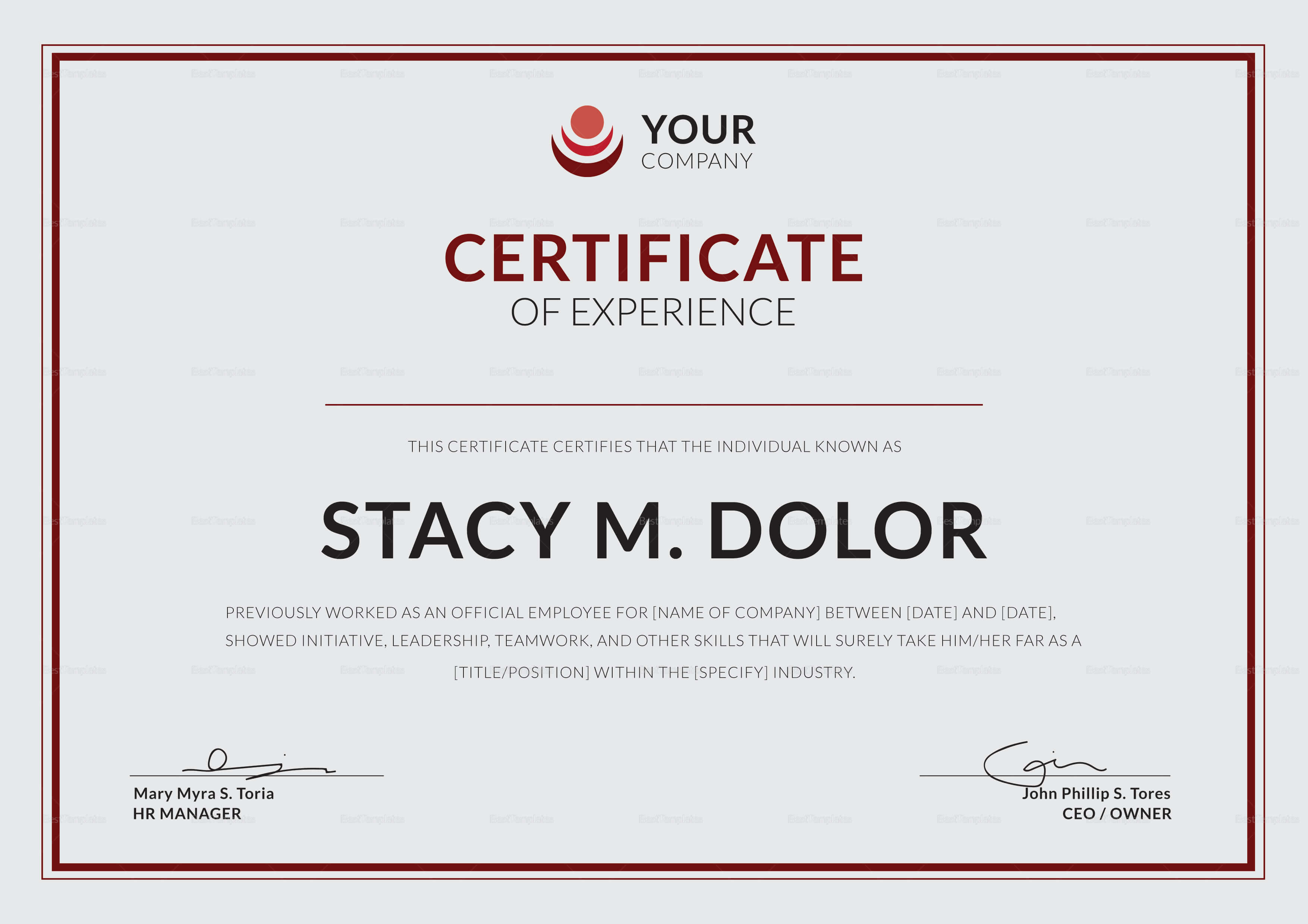Employee Experience Certificate Template Inside Certificate Of Experience Template
