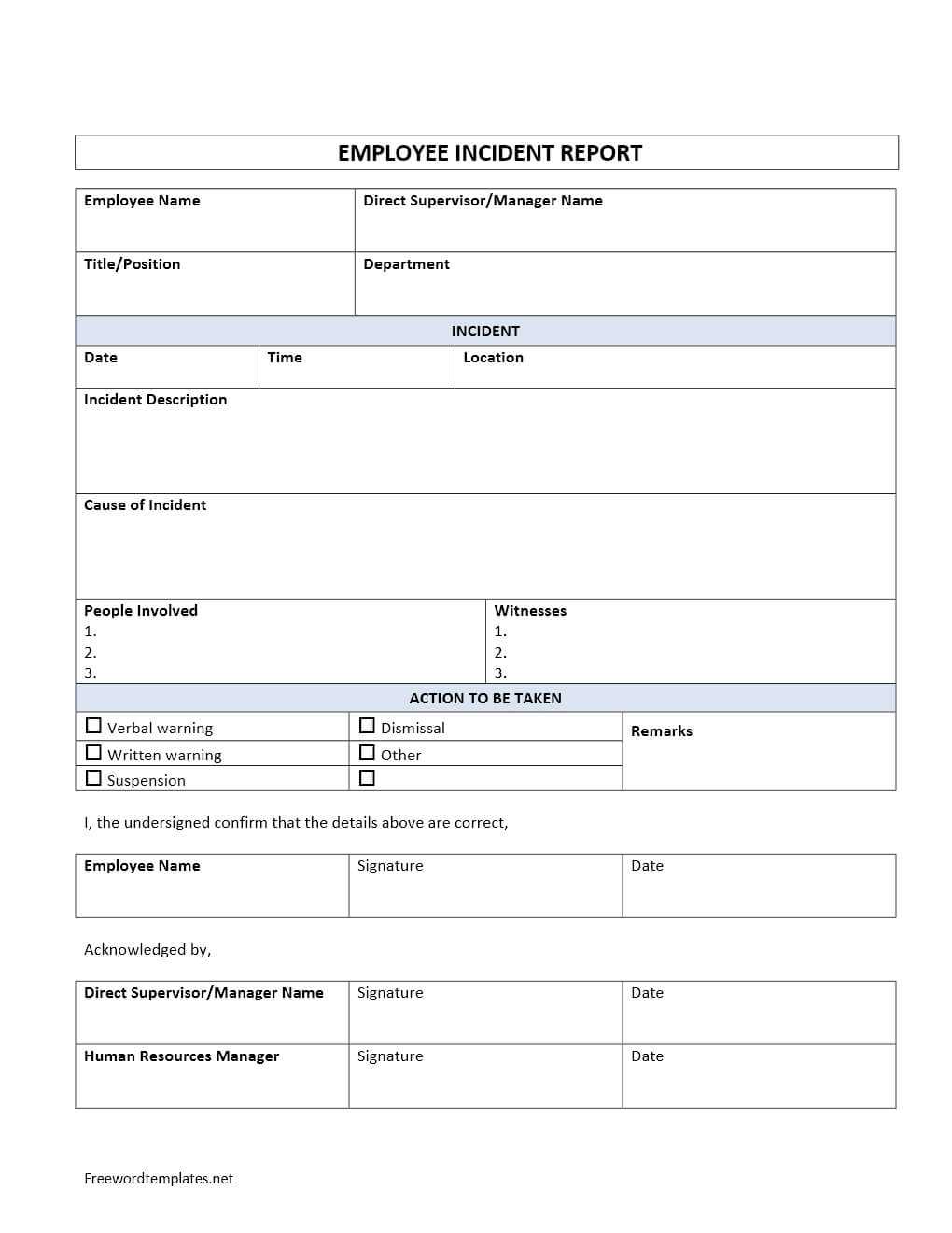 Employee Incident Report inside Health And Safety Incident Report Form Template