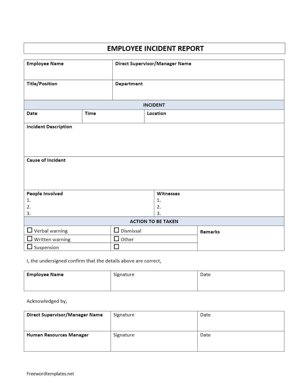 Employee Incident Report Intended For Incident Report Form Template Word