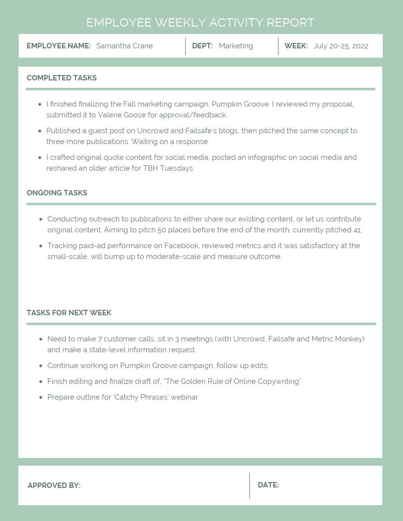 Employee Weekly Activity Report Template - Venngage In Marketing Weekly Report Template