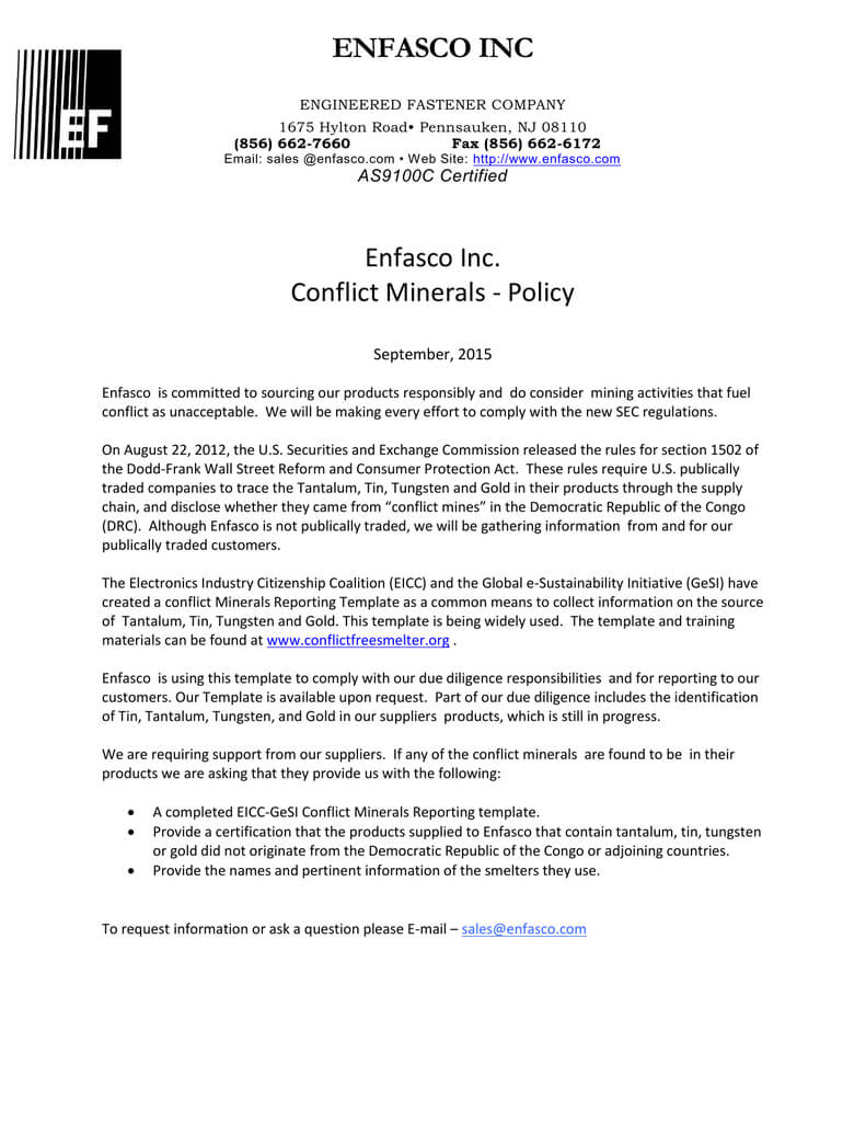 Enfasco Inc Enfasco Inc. Conflict Minerals – Policy Throughout Eicc Conflict Minerals Reporting Template