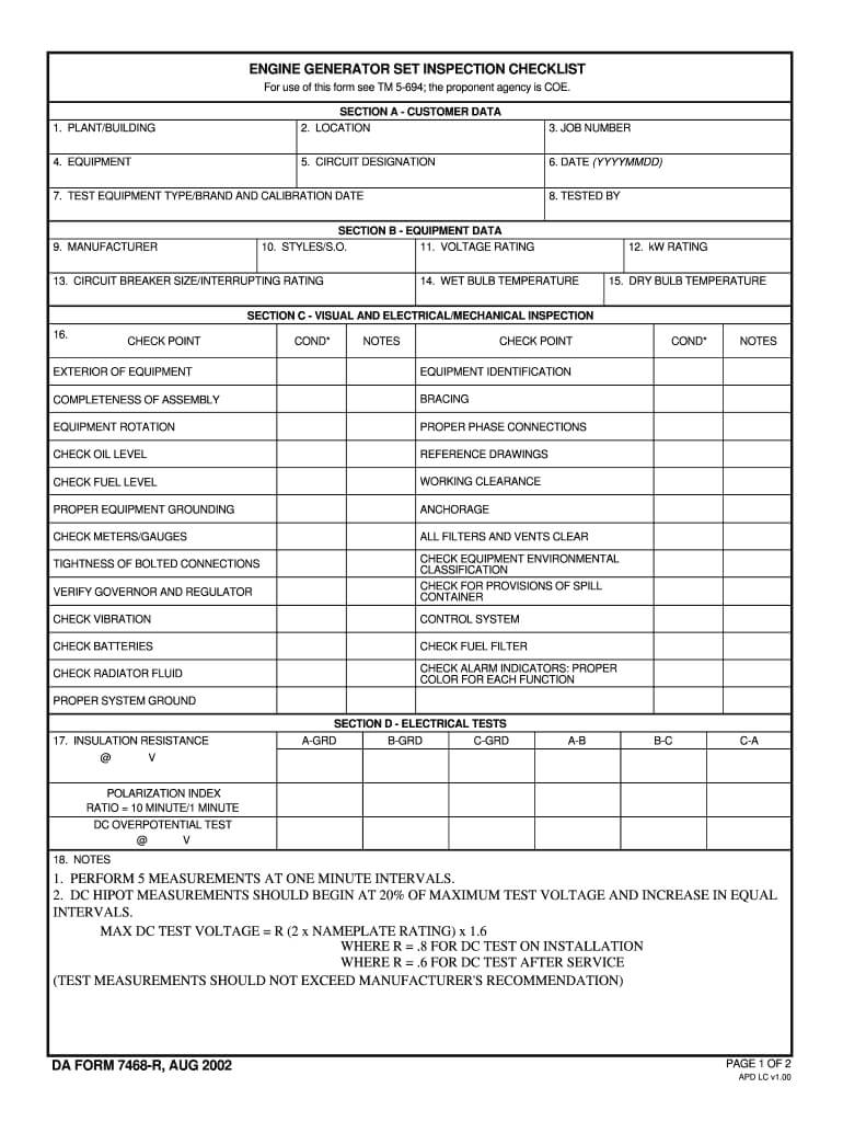 Engine Generator Inspection Checklist – Fill Online For Certificate Of Inspection Template