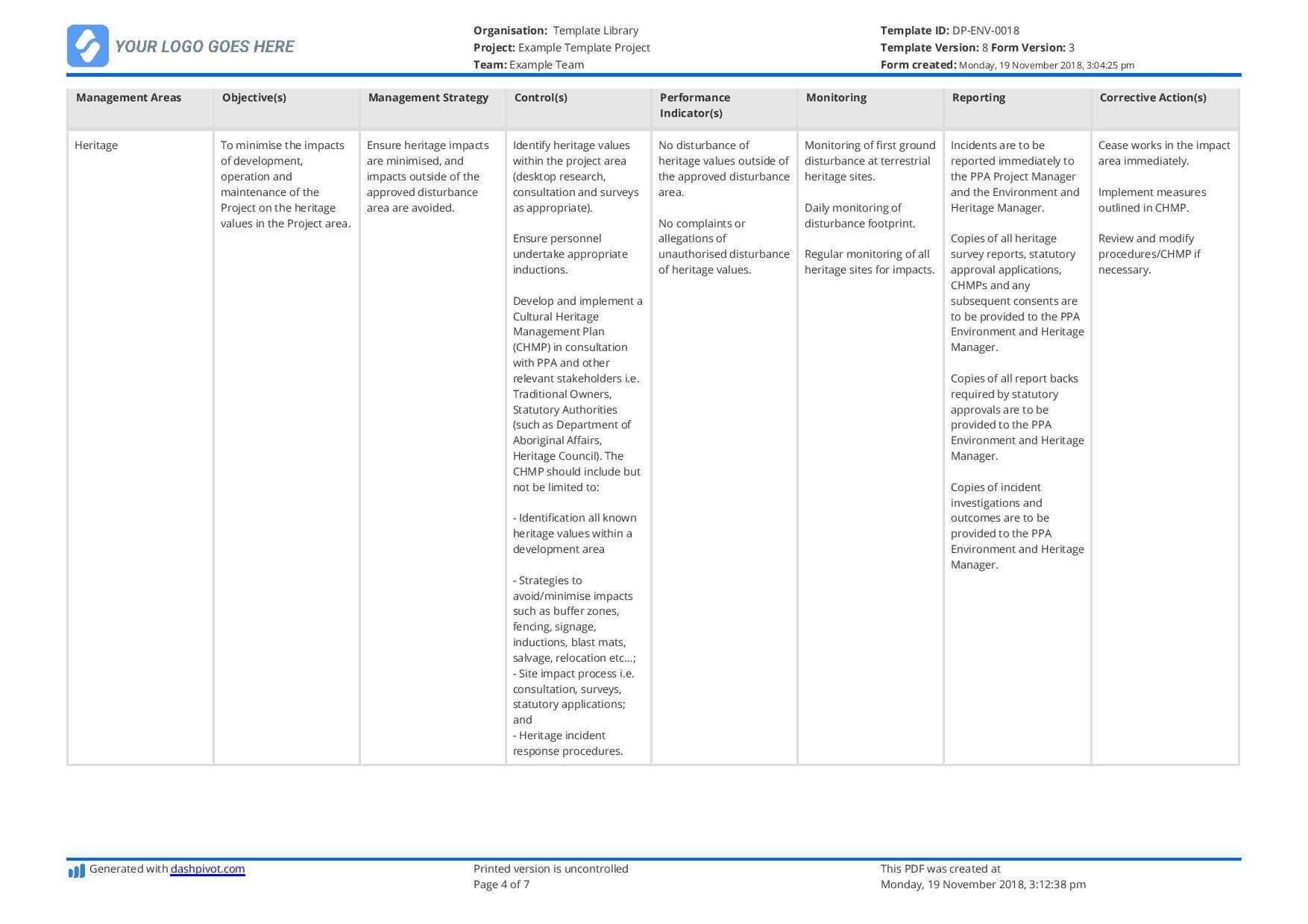 Environmental Management Plan Template (For Construction In Environmental Impact Report Template