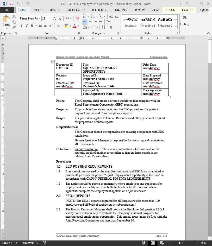 Equal Employment Opportunity Procedure Eeo | Cmp108 With Regard To Eeo 1 Report Template