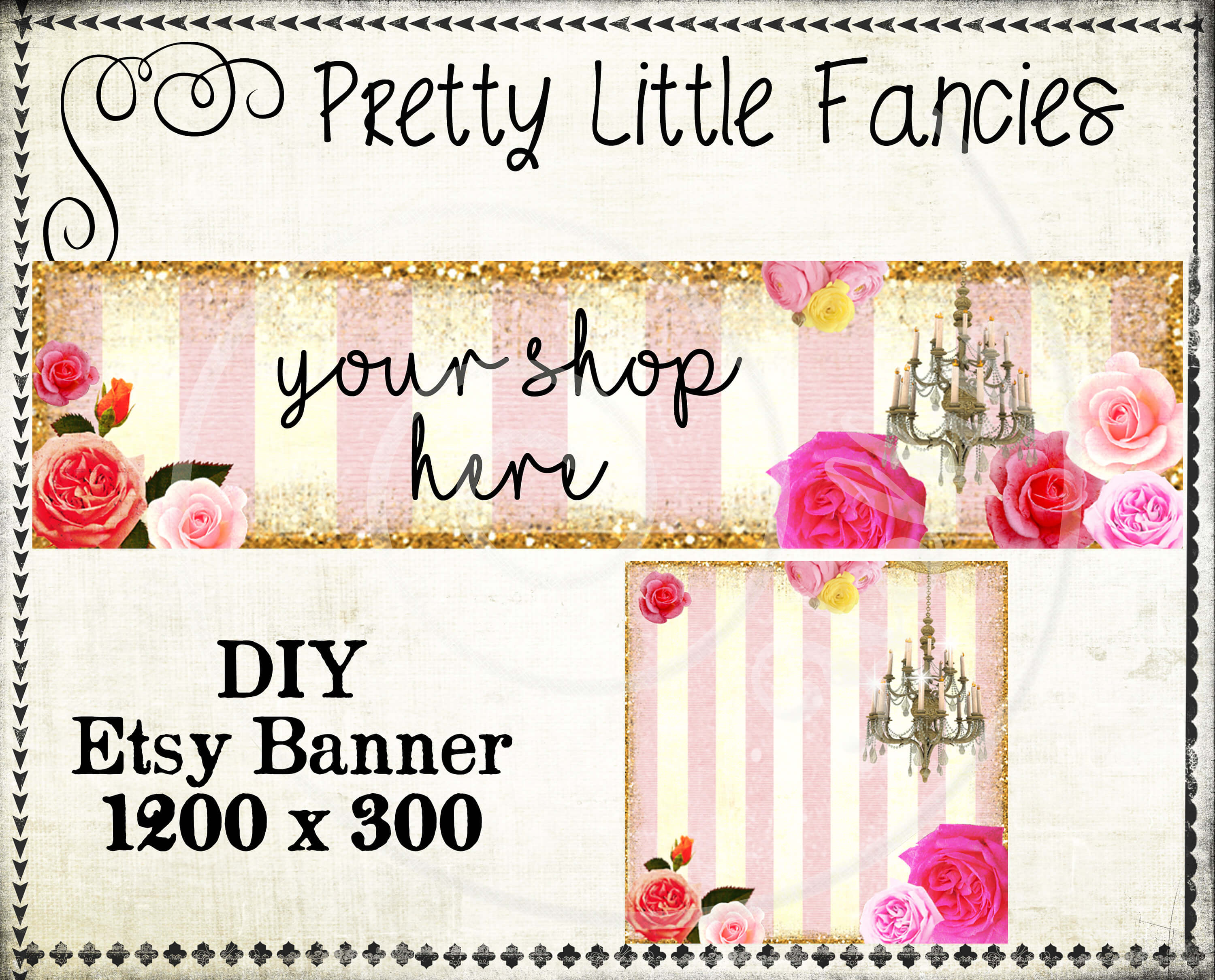Etsy Shop Banner Diy Banner Template Premade Etsy Store Large Banner And  Icon Gold Glitter Digital Roses Chandelier With Etsy Banner Template