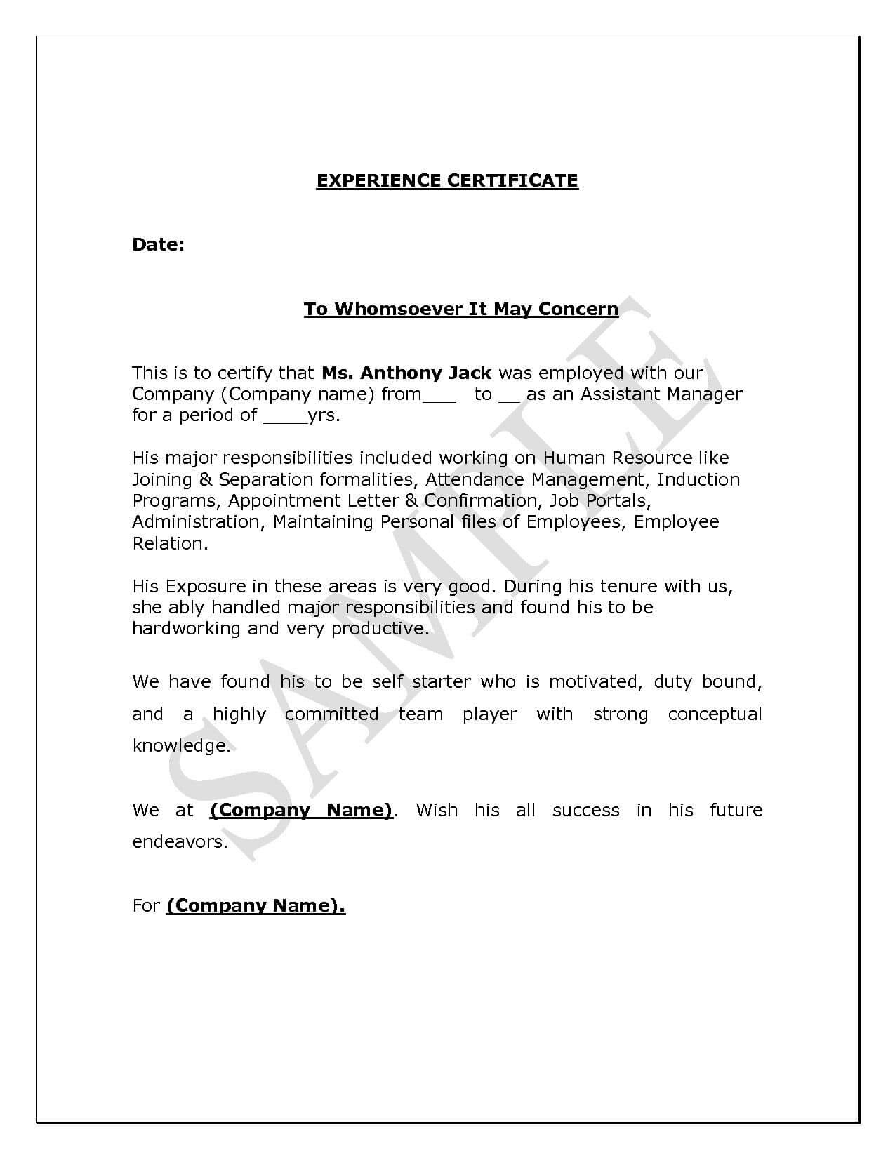 Experience Letter Format Supervisor Copy Experience Intended For Certificate Of Experience Template