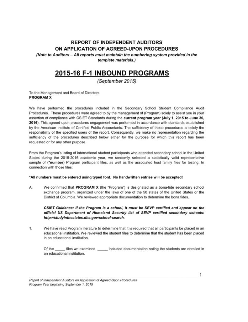 F 1 Compliance Audit Report For Agreed Upon Procedures Report Template