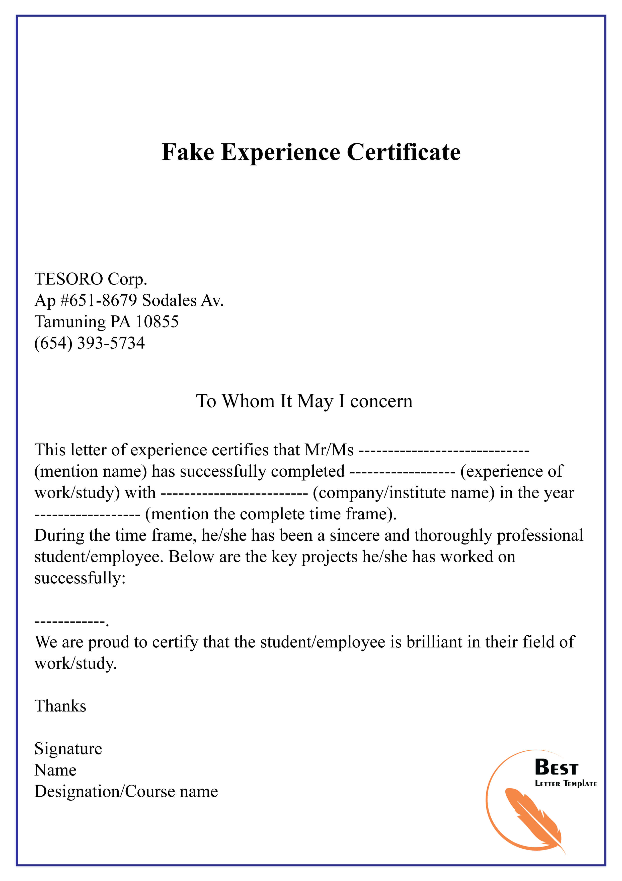 Fake Experience Certificate 01 | Best Letter Template Regarding Certificate Of Experience Template