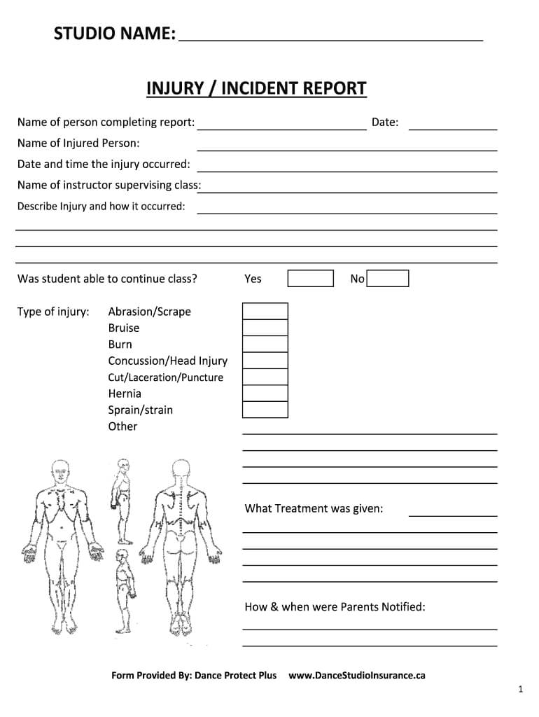 Fillable Online Template Injury Report – Dance Studio Regarding Injury Report Form Template