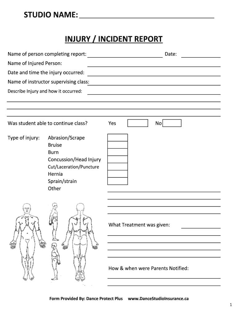 Fillable Online Template Injury Report – Dance Studio Regarding Injury Report Form Template