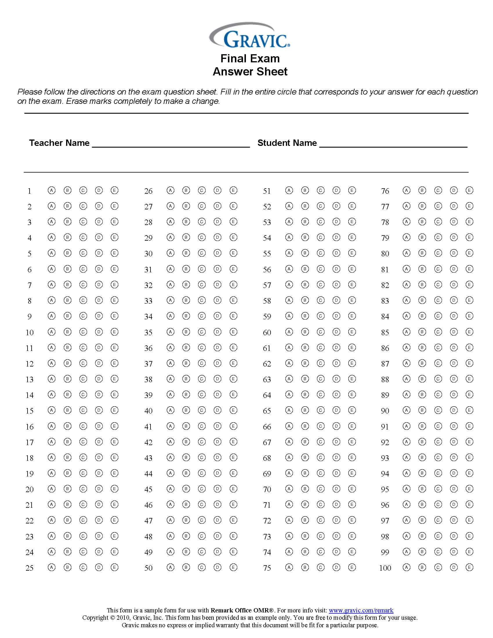 Final Exam 100 Question Test Answer Sheet · Remark Software throughout Blank Answer Sheet Template 1 100