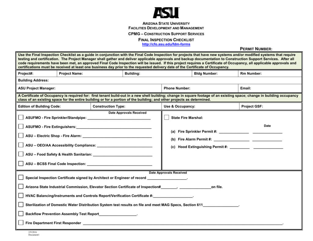 Final Inspection Checklist Inside Certificate Of Inspection Template