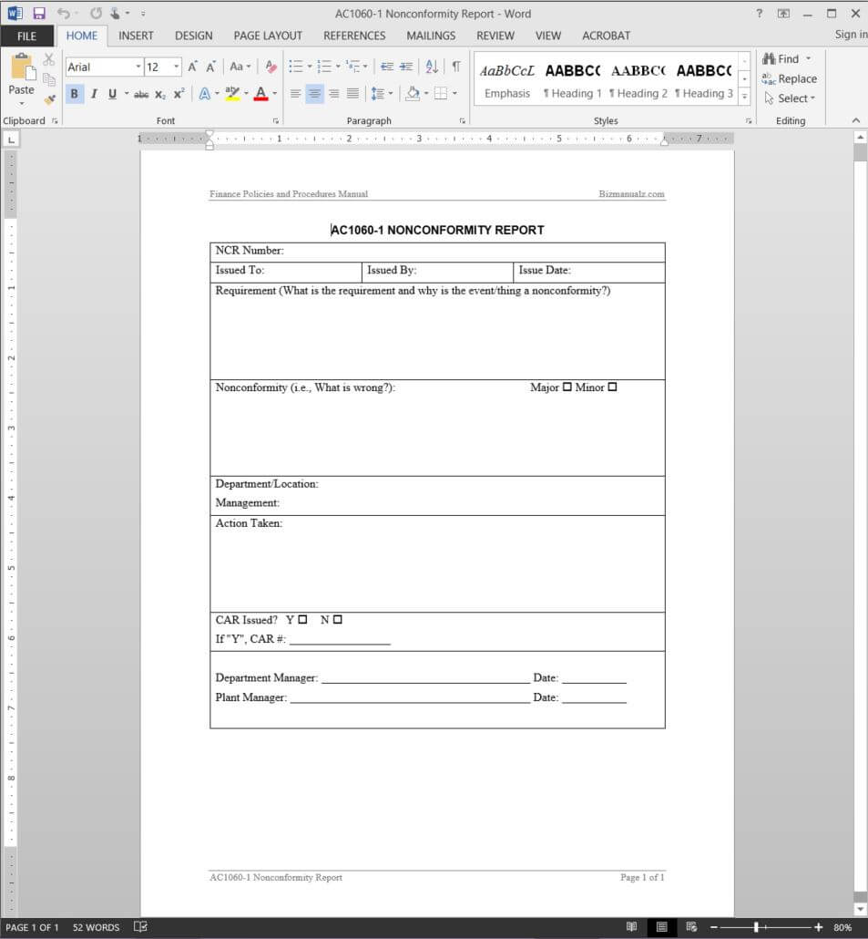 Financial Nonconformity Report Template | Ac1060 1 Pertaining To Non Conformance Report Form Template