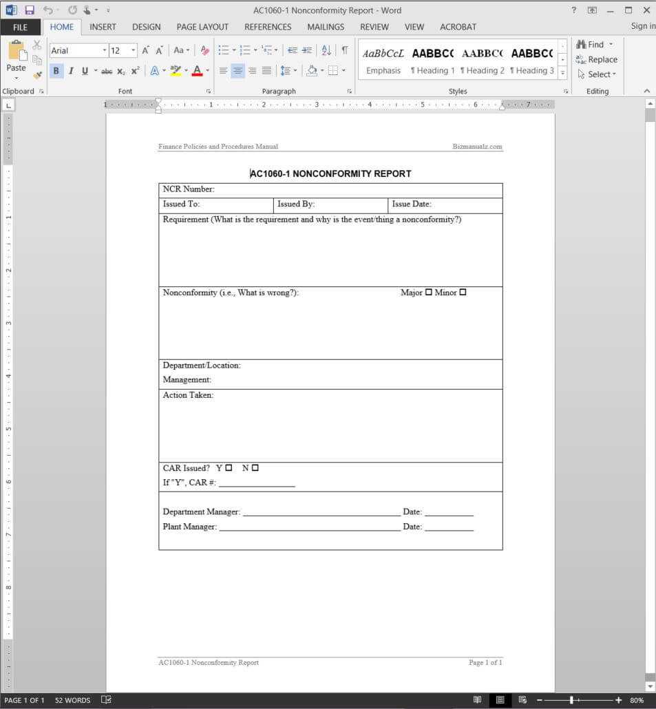 Financial Nonconformity Report Template | Ac1060 1 Pertaining To Non Conformance Report Form Template