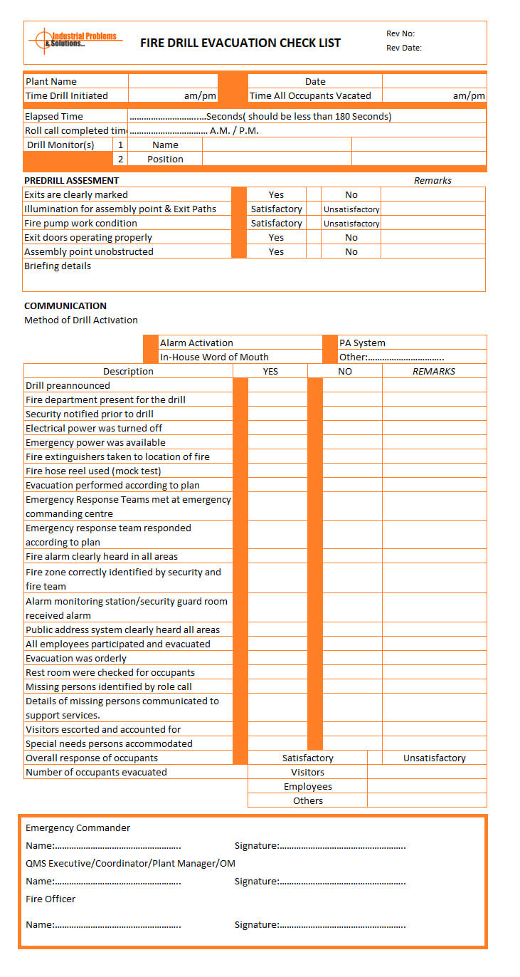 Fire Drill Evacuation Checklist | Format | Example Pertaining To Emergency Drill Report Template