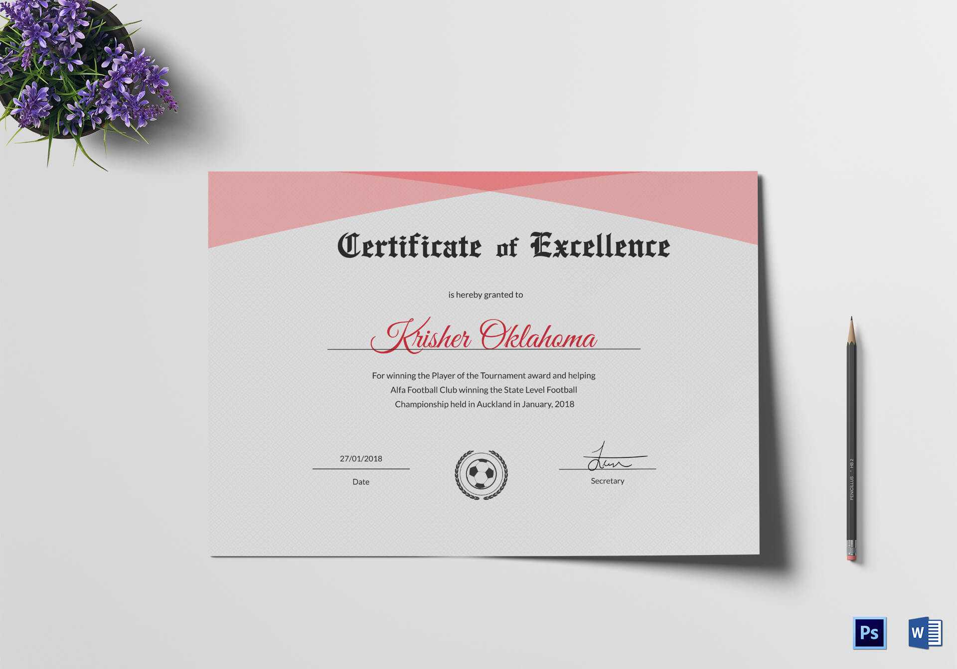 Football Excellence Award Certificate Design Template In Psd For Football Certificate Template