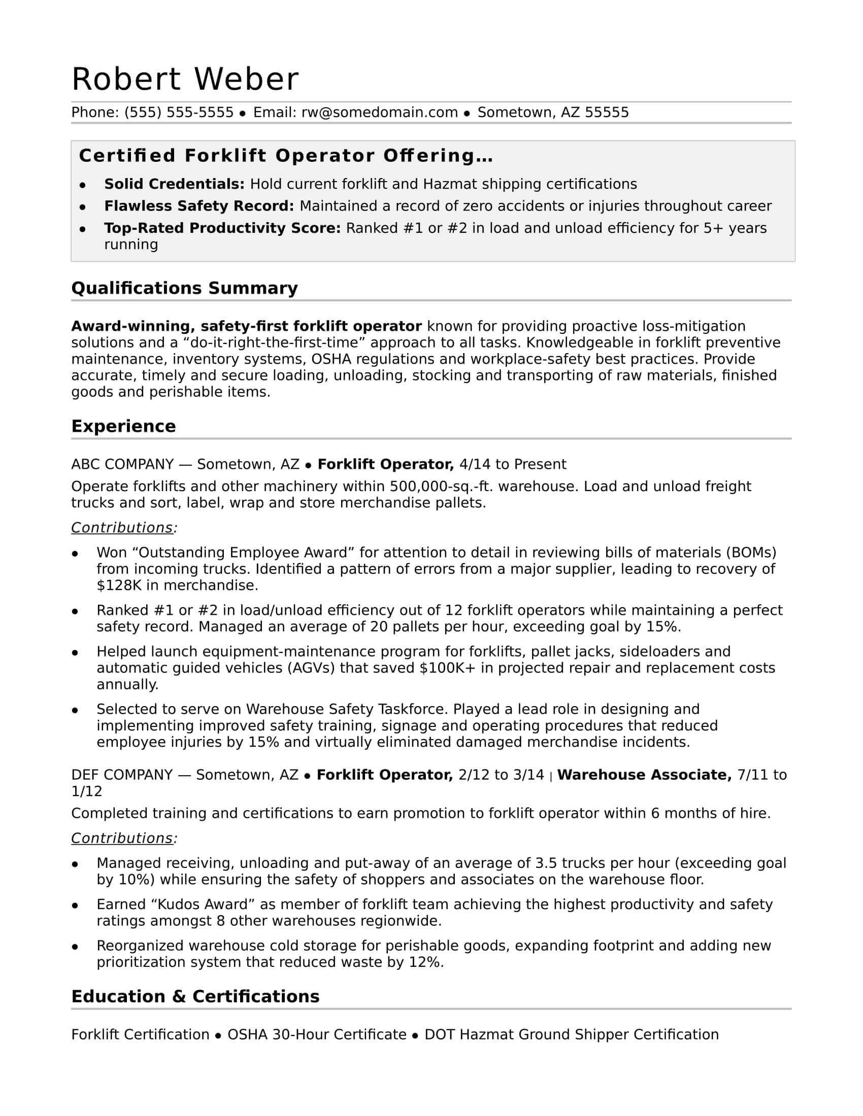 Forklift Operator Resume Sample | Monster Intended For Forklift Certification Template