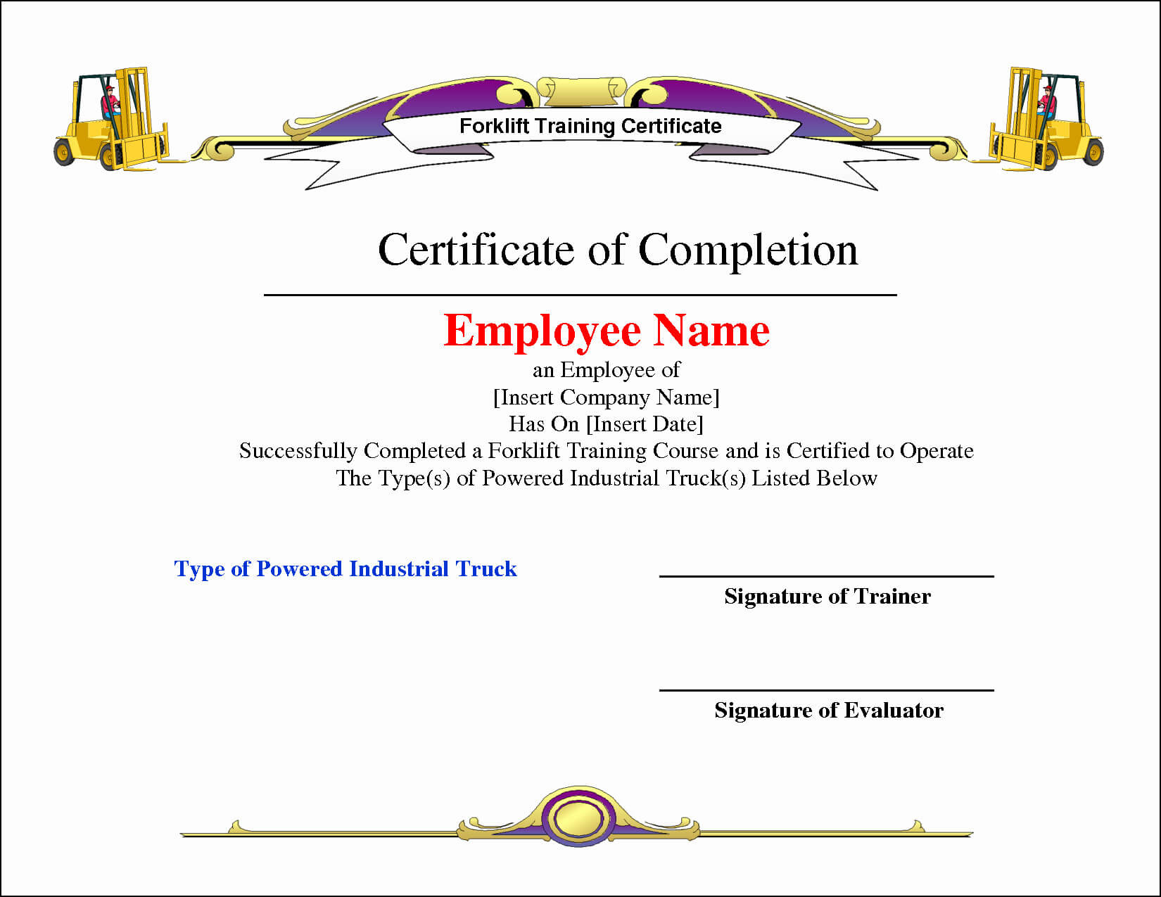Forklift Training Certificate Template Intended For Forklift Certification Template