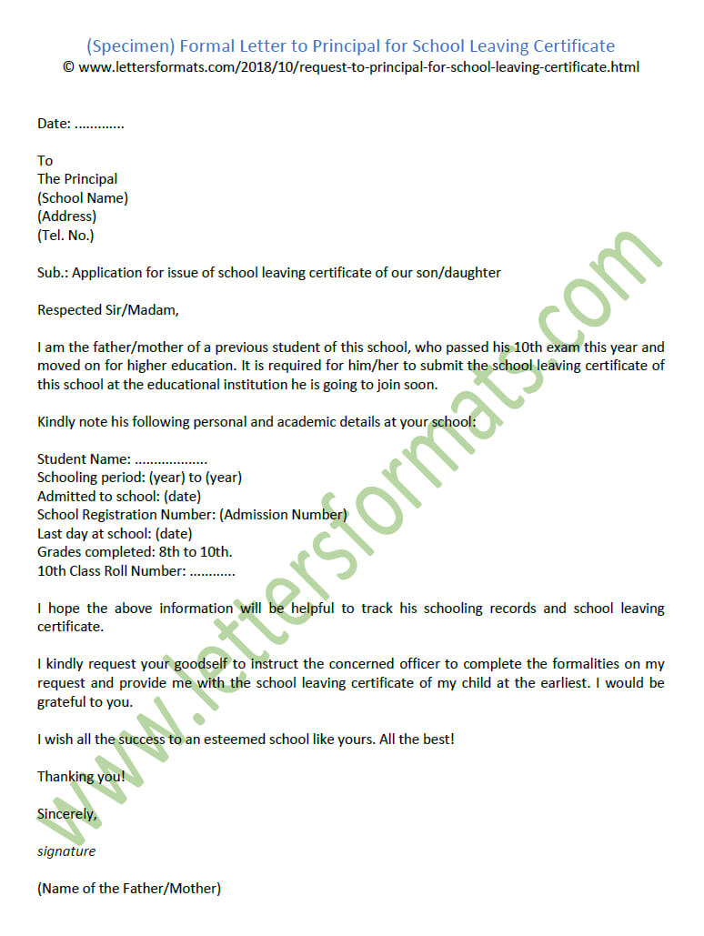 Formal Letter To Principal For School Leaving Certificate With School Leaving Certificate Template