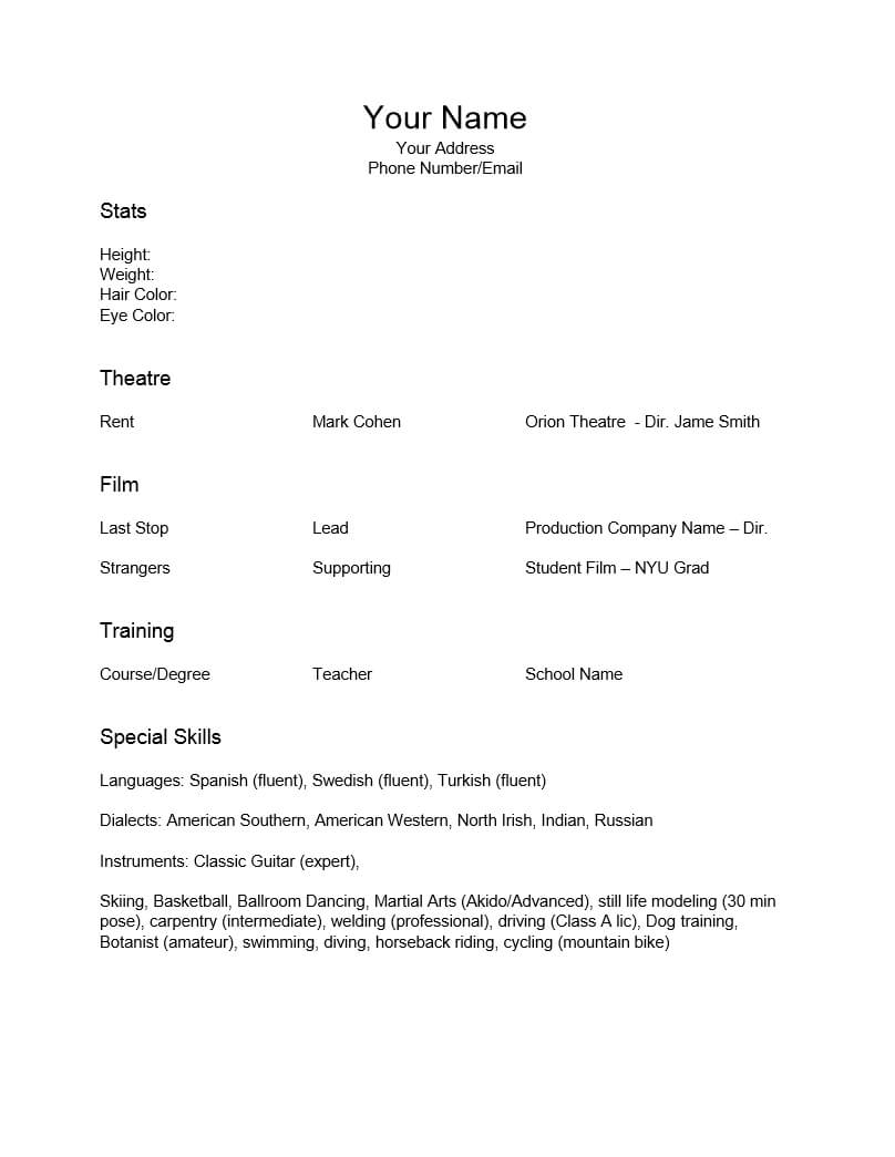 Free Acting Resume Template Examples Ms Word How To Format Within Theatrical Resume Template Word