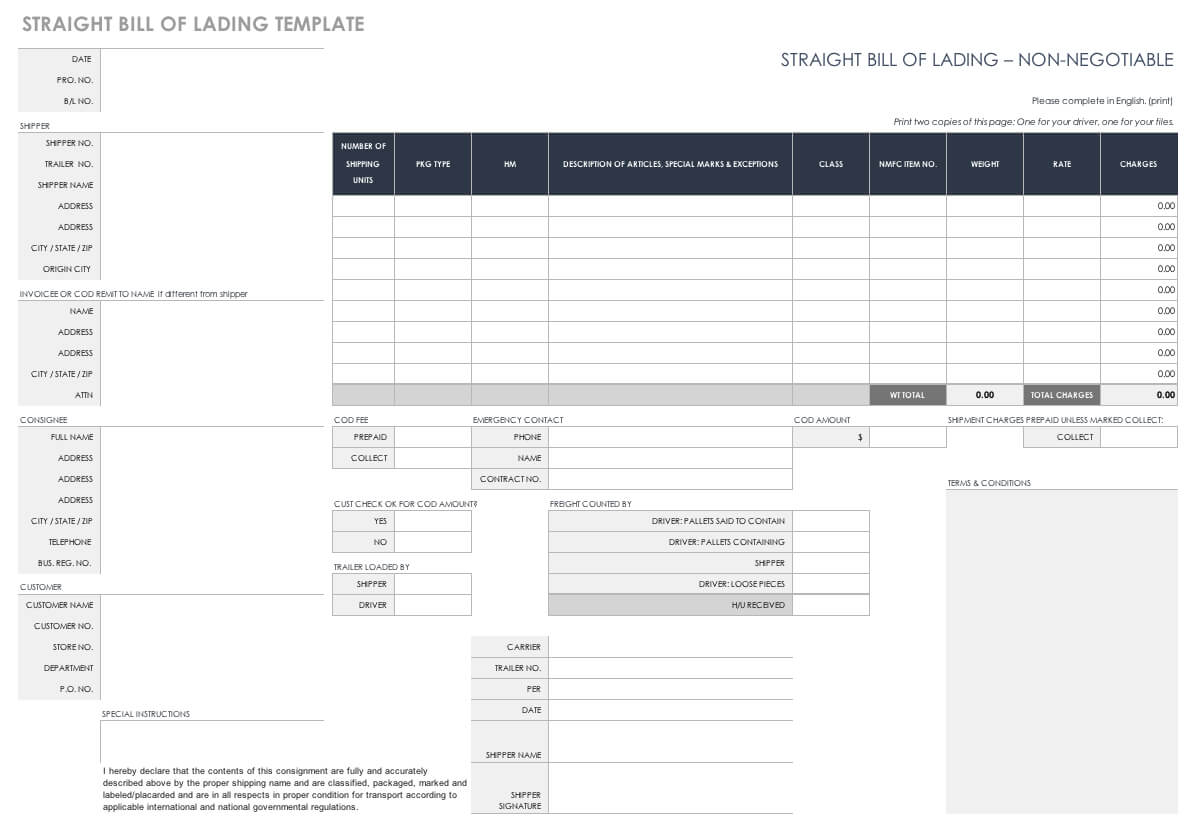 Free Bill Of Lading Templates | Smartsheet For Proof Of Delivery Template Word