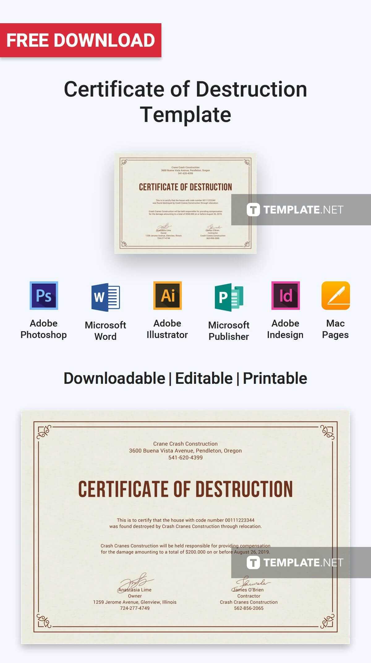 Free Certificate Of Destruction | Certificate Templates throughout Free Certificate Of Destruction Template