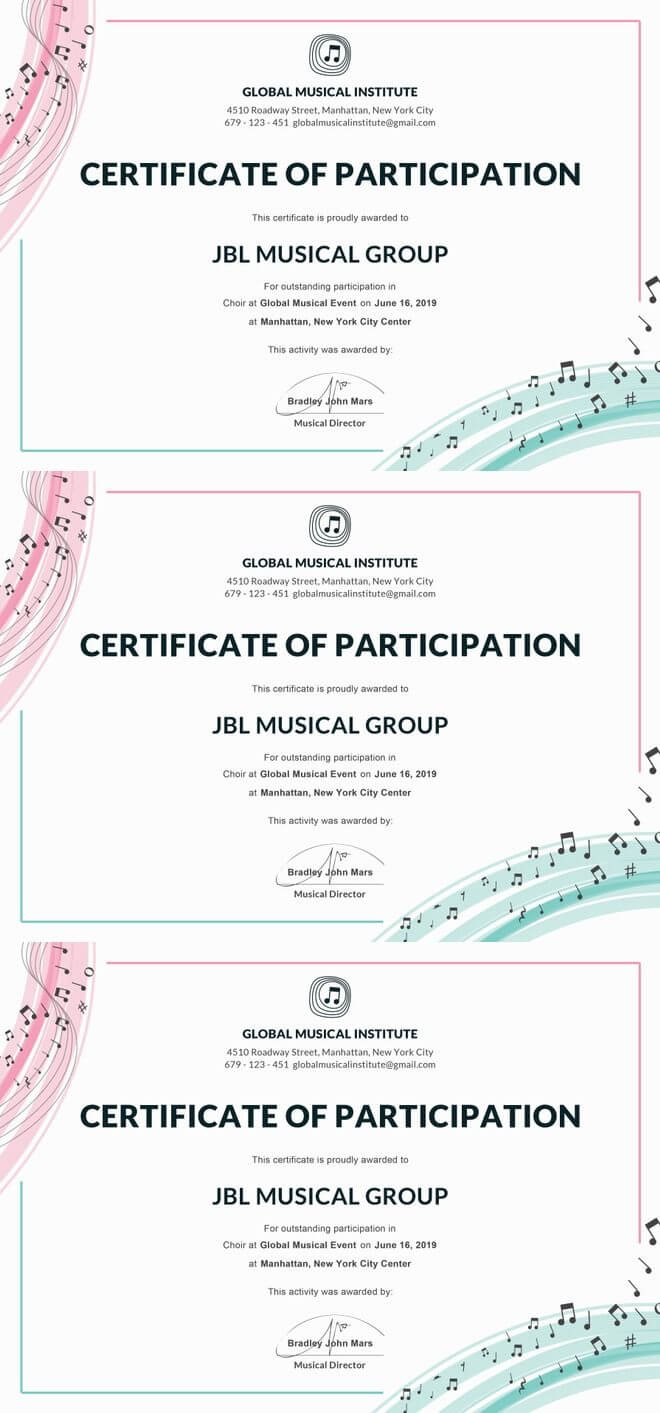 Free Choir Certificate Of Participation | Note | Certificate Throughout Choir Certificate Template