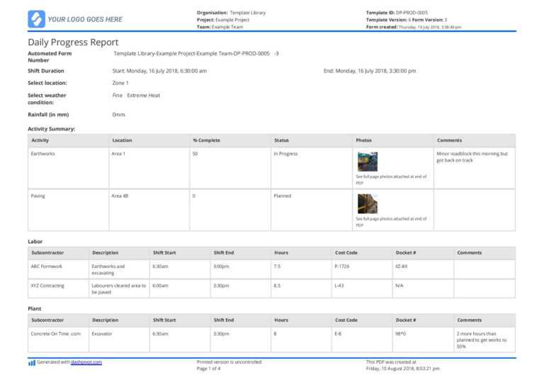 Site Progress Report Template