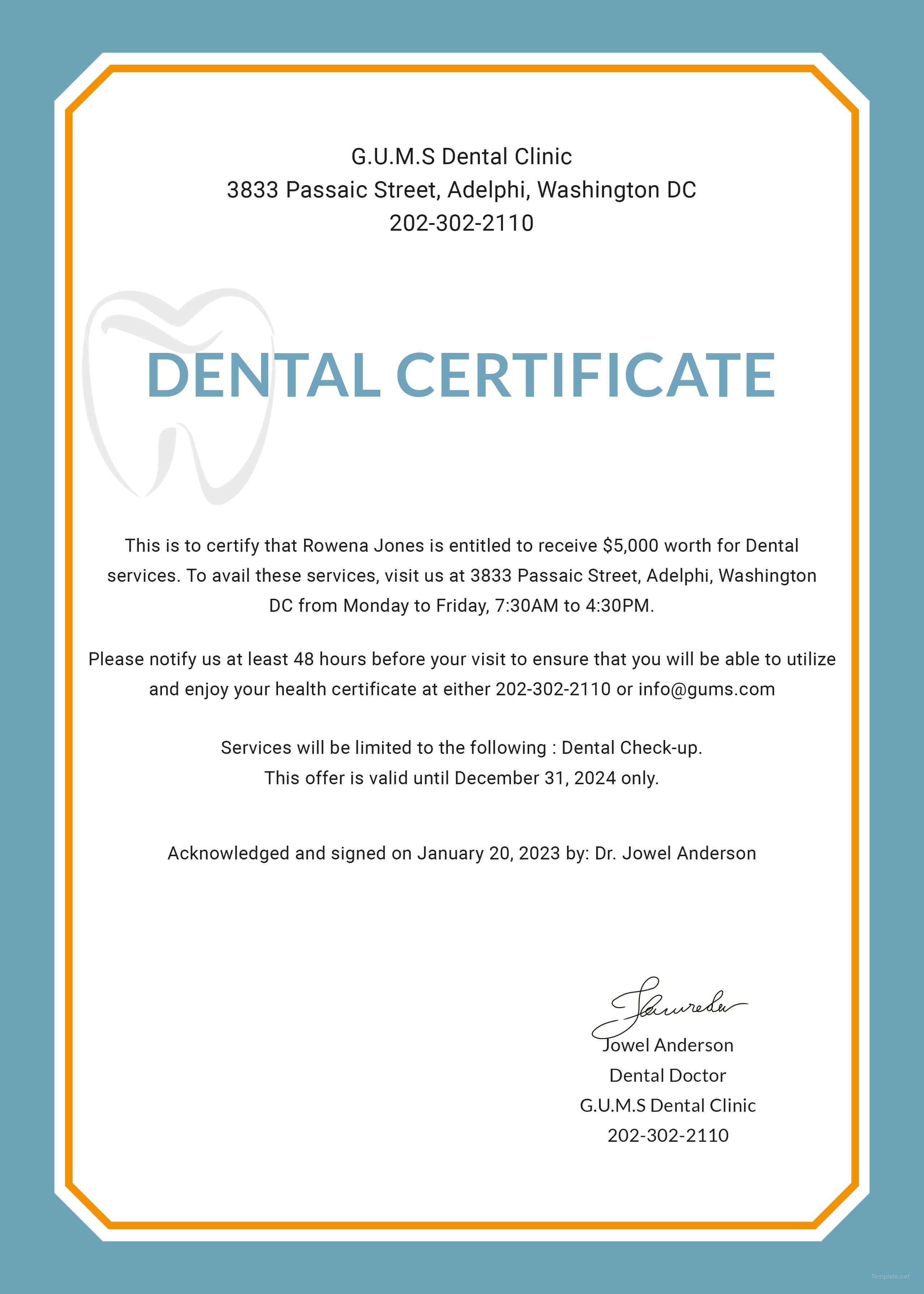 Free Dental Medical Certificate Sample | Psg | Free Dental Throughout Free Fake Medical Certificate Template