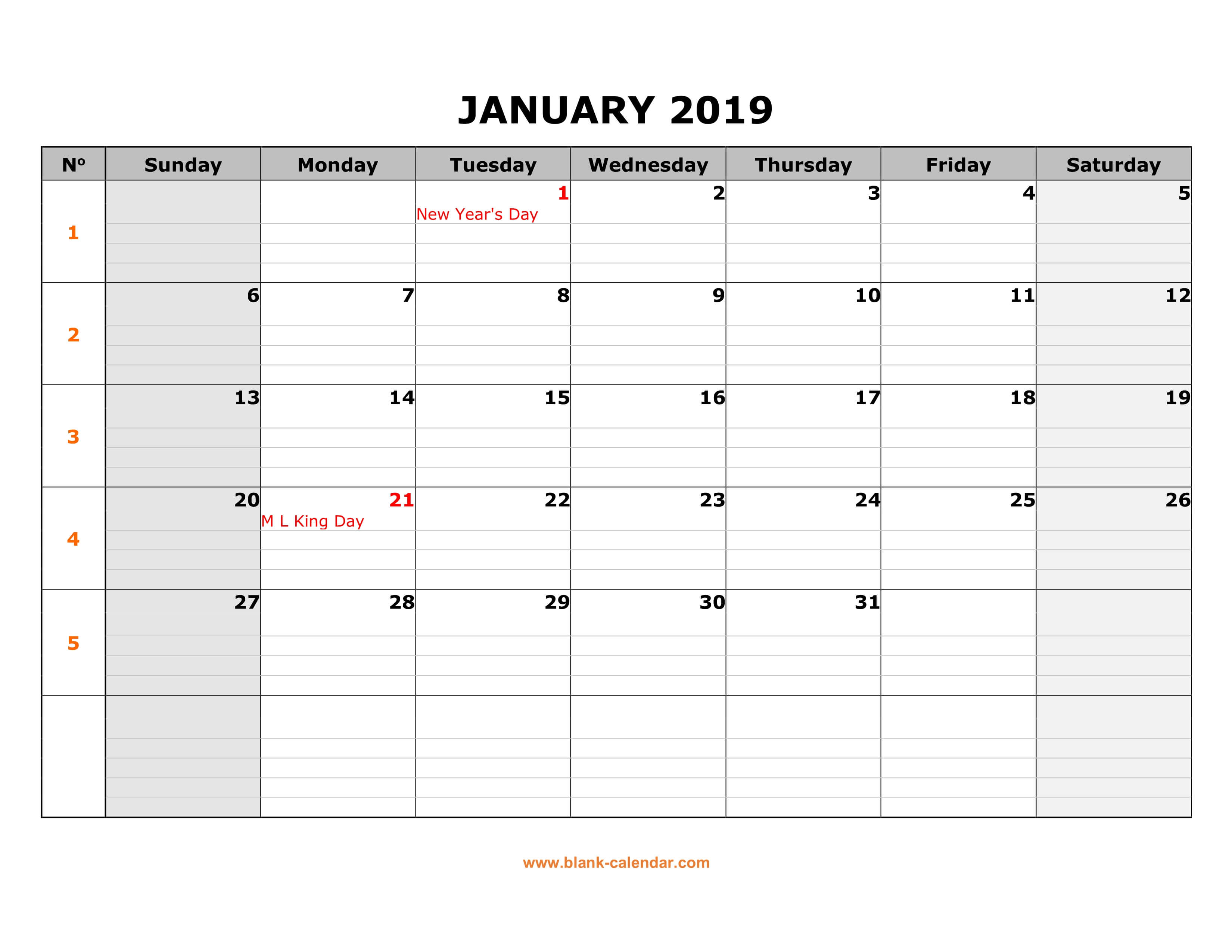 Free Download Printable Calendar 2019, Large Box Grid, Space Inside Blank One Month Calendar Template