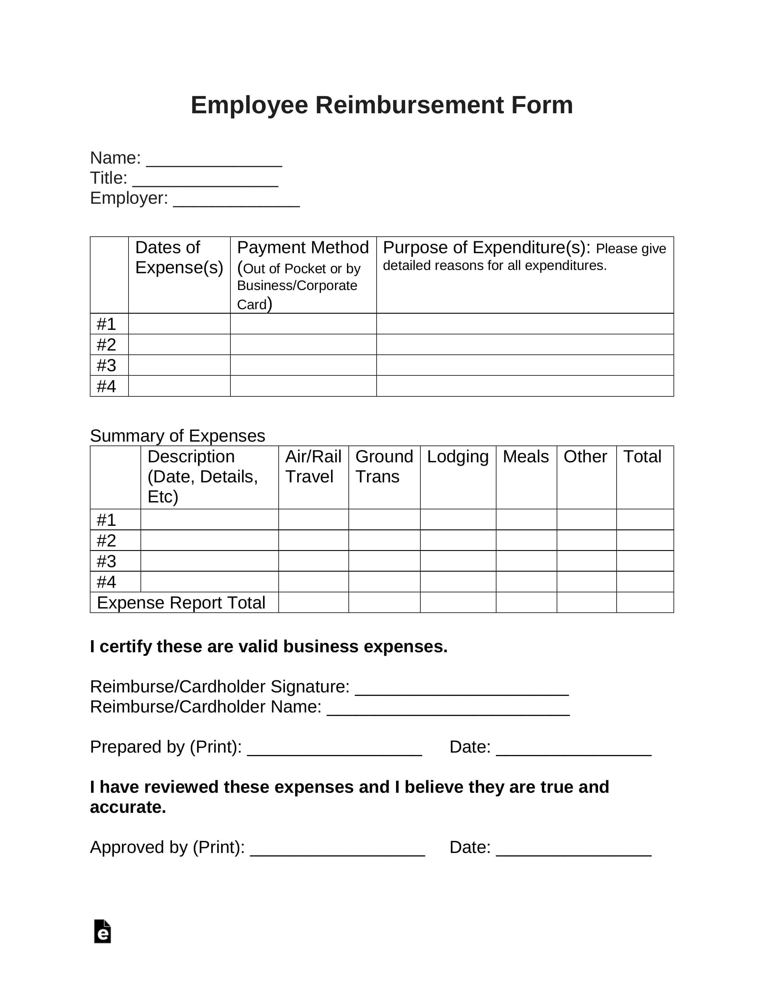 Free Employee Reimbursement Form – Pdf | Word | Eforms With Reimbursement Form Template Word