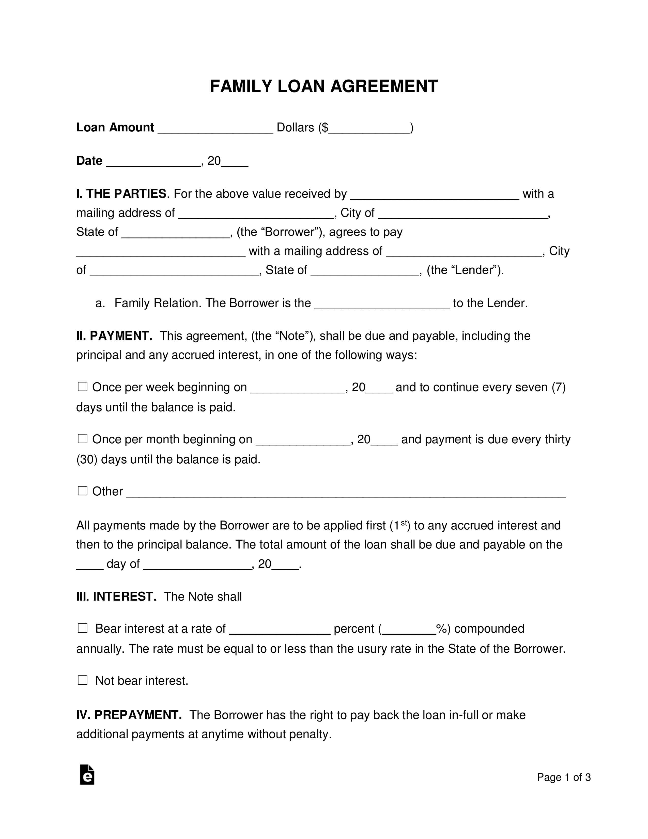 Free Family Loan Agreement Template – Pdf | Word | Eforms Inside Blank Loan Agreement Template