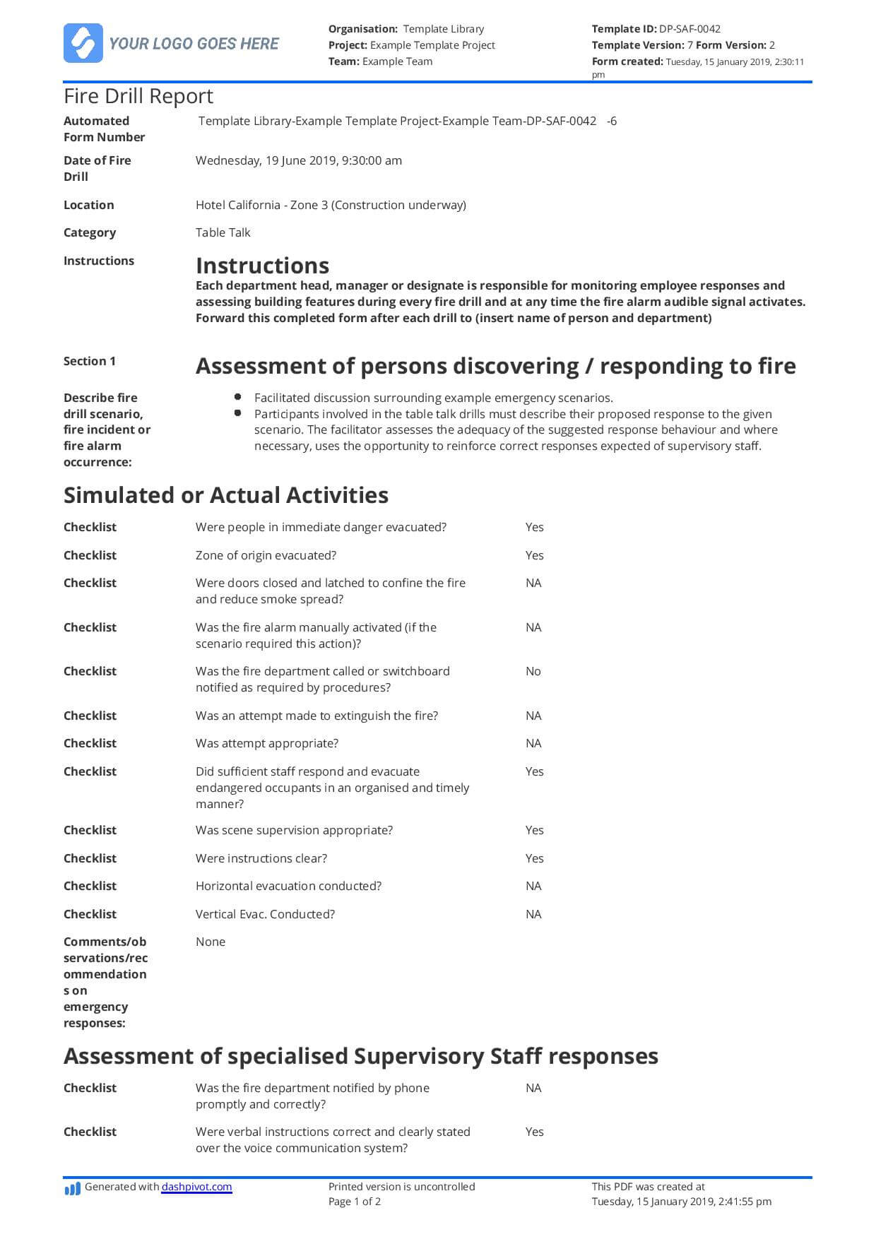 Free Fire Drill Report Template – Use, Customise, Download Pertaining To Fire Evacuation Drill Report Template