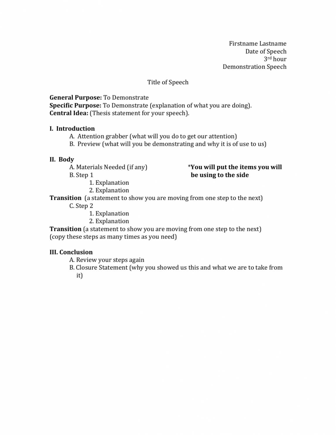 Free Freedemonstrationspeechoutlinetemplatepdf Demonstration For Speech Outline Template Word