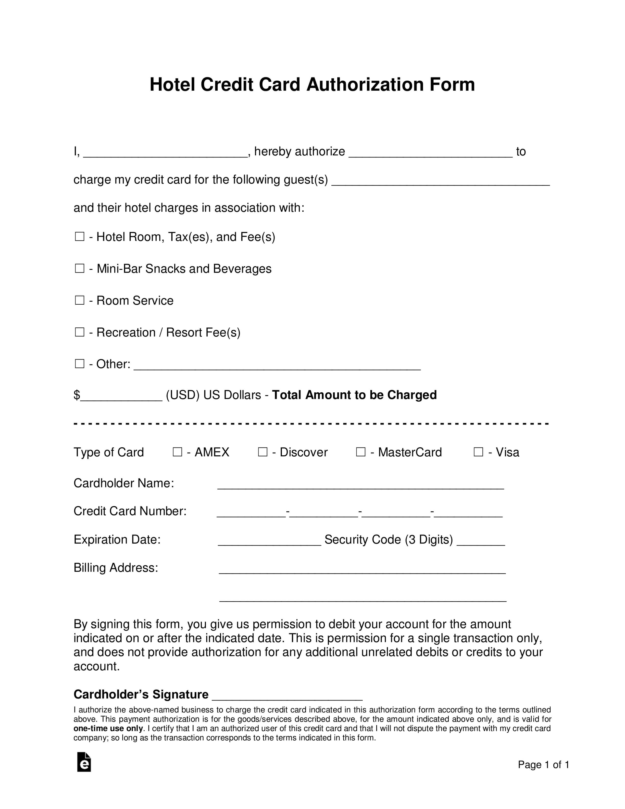Free Hotel Credit Card Authorization Forms – Word | Pdf Throughout Hotel Credit Card Authorization Form Template