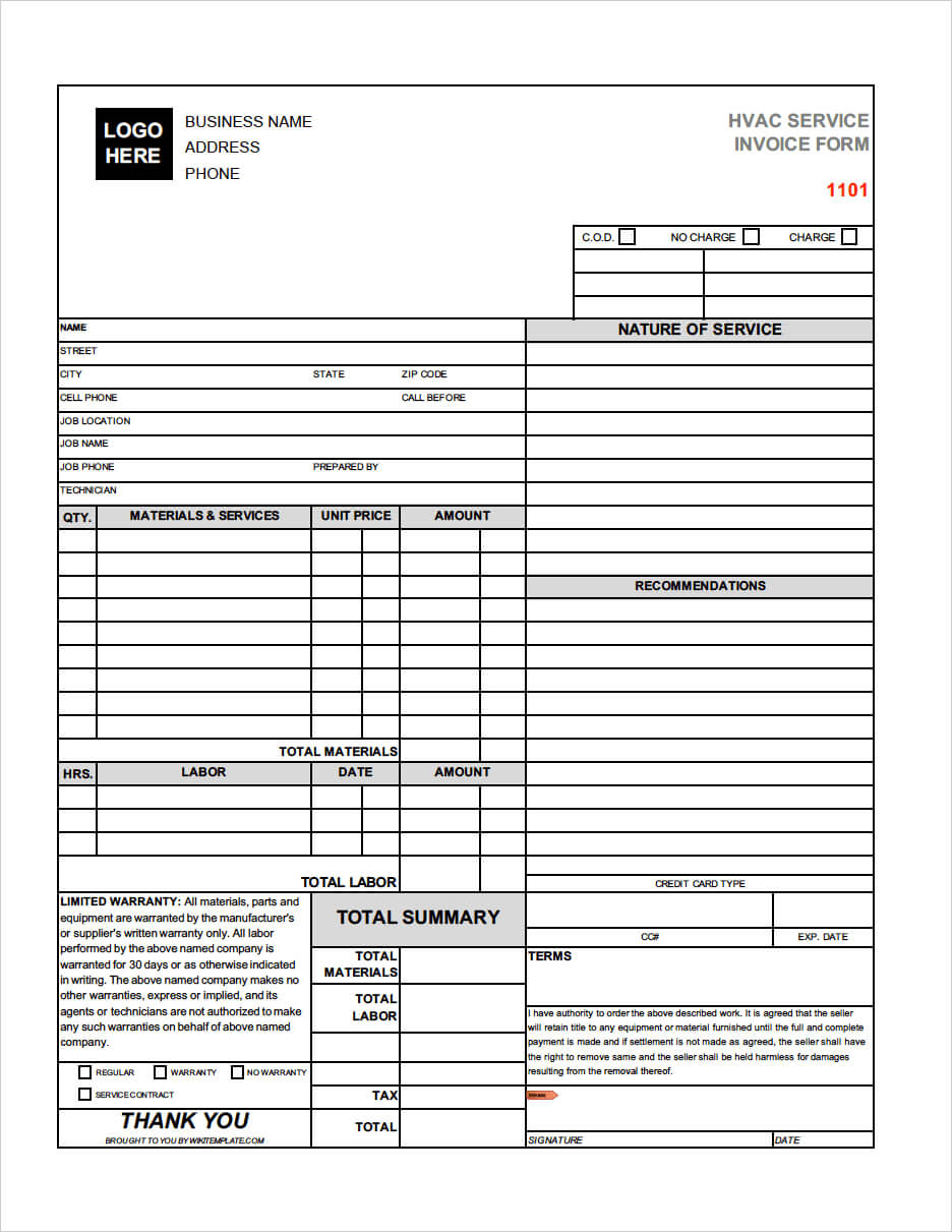 Free Hvac Invoice Template | Pdf | Word | Excel With Regard To Service Job Card Template