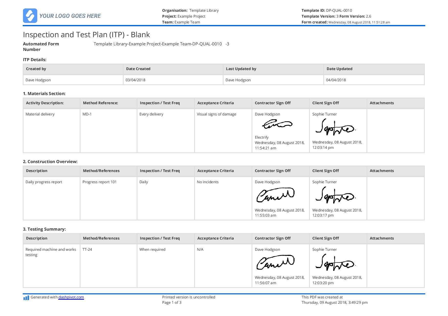 Free Inspection And Test Plan Template (Better Than Excel Regarding Test Template For Word