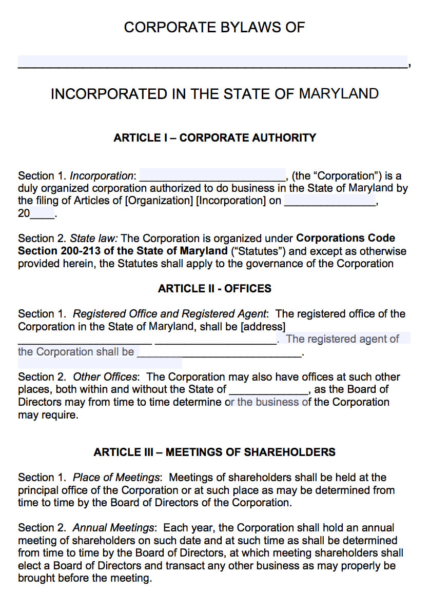 Free Maryland Corporate Bylaws Template | Pdf | Word | With Corporate Bylaws Template Word