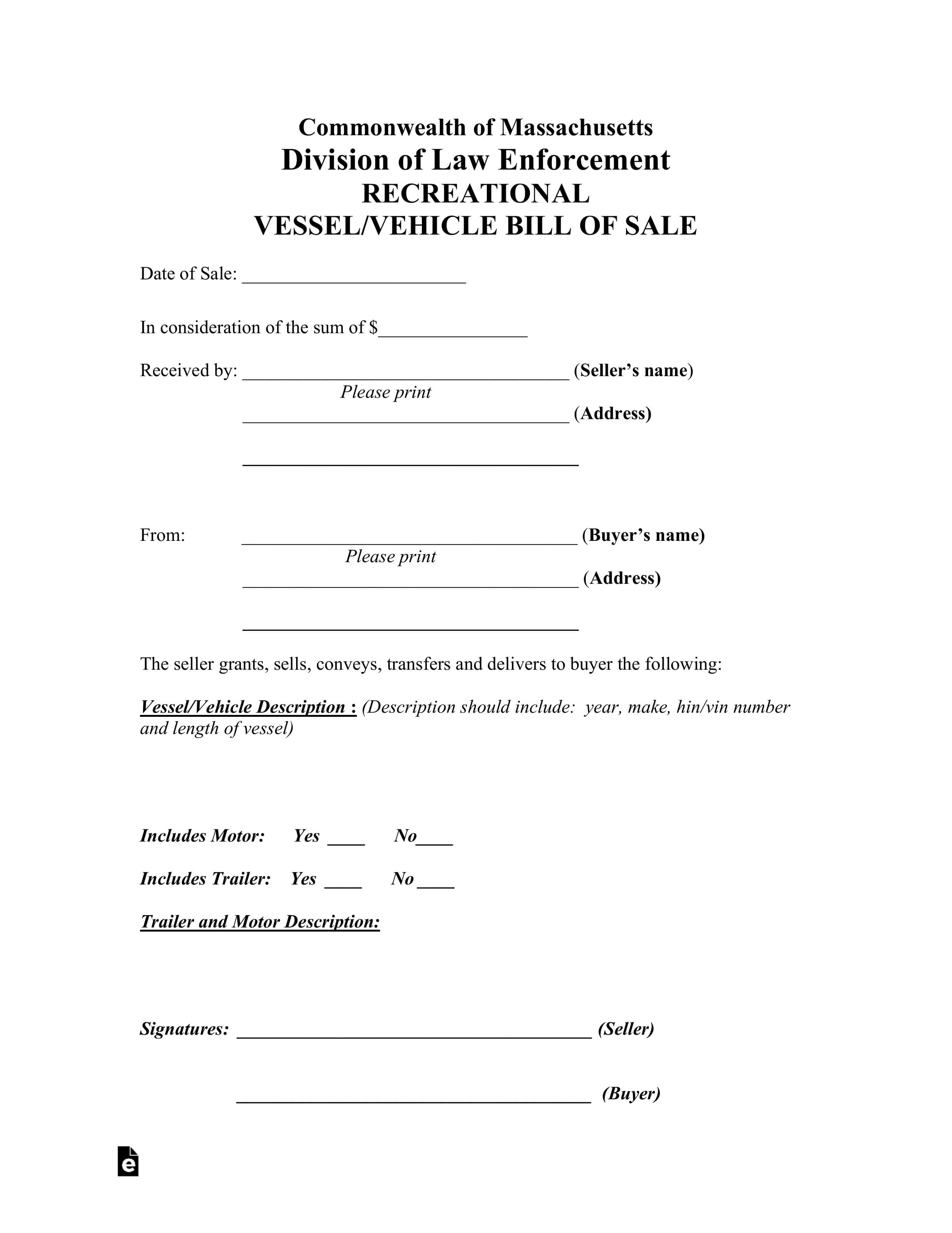 Free Massachusetts Bill Of Sale Forms – Pdf | Eforms – Free For Vehicle Bill Of Sale Template Word