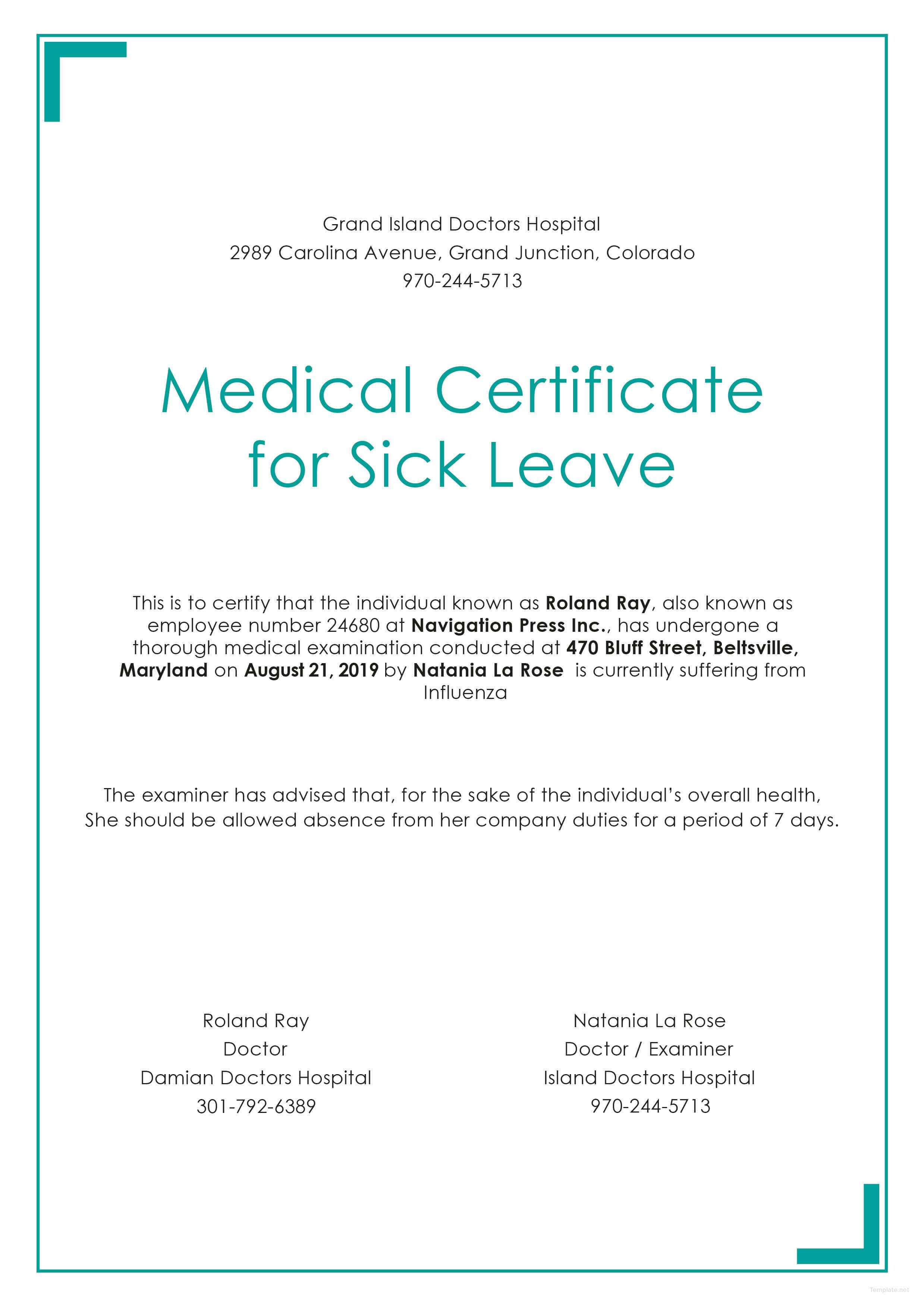 Free Medical Certificate For Sick Leave | Medical | Leave regarding Free Fake Medical Certificate Template