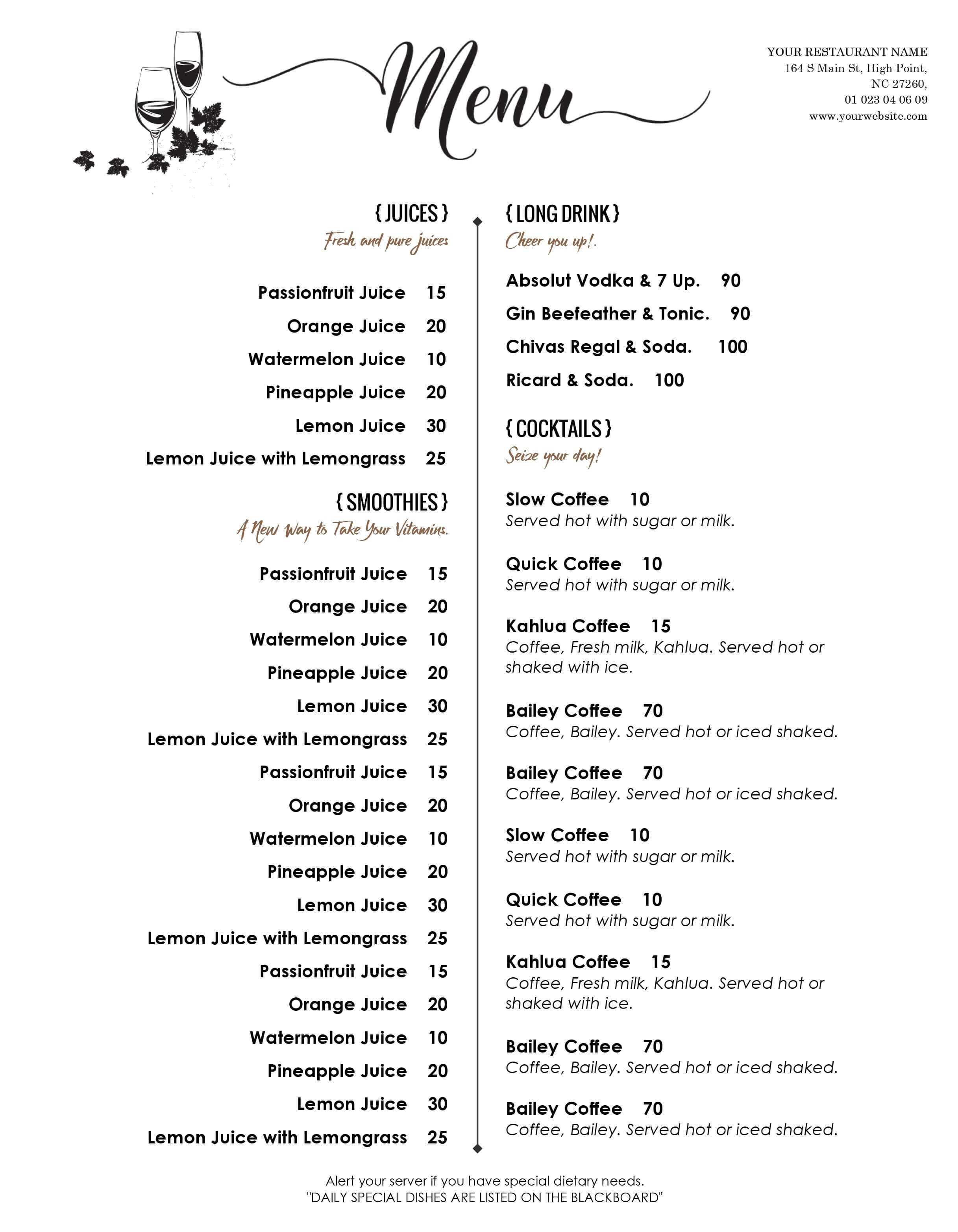 Free Menu Templates For Microsoft Word | Chart And Printable Within Free Cafe Menu Templates For Word