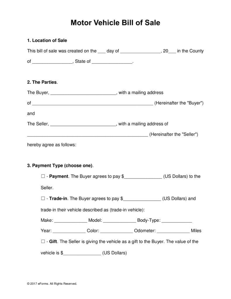 Free Motor Vehicle (Dmv) Bill Of Sale Form – Word | Pdf With Vehicle Bill Of Sale Template Word