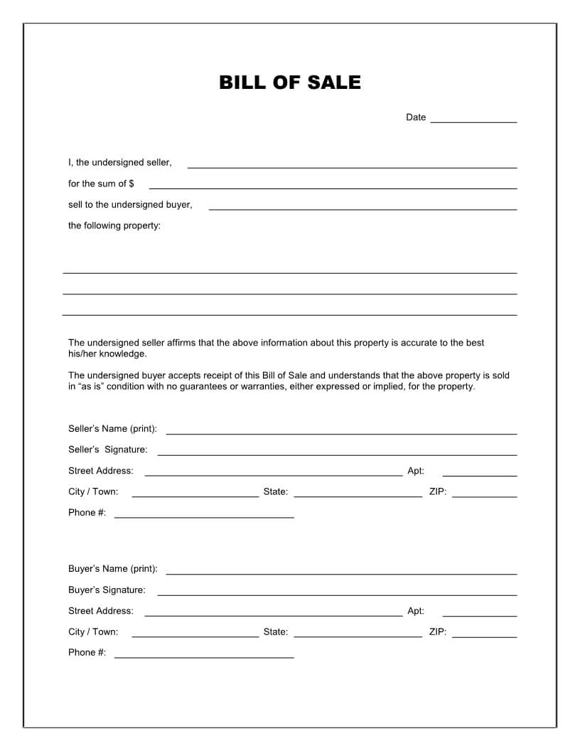 Free Printable Blank Bill Of Sale Form Template – As Is Bill Inside Blank Legal Document Template