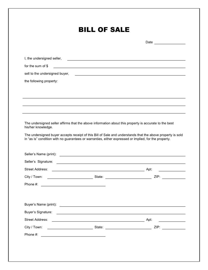 Free Printable Blank Bill Of Sale Form Template - As Is Bill With Regard To Car Bill Of Sale Word Template