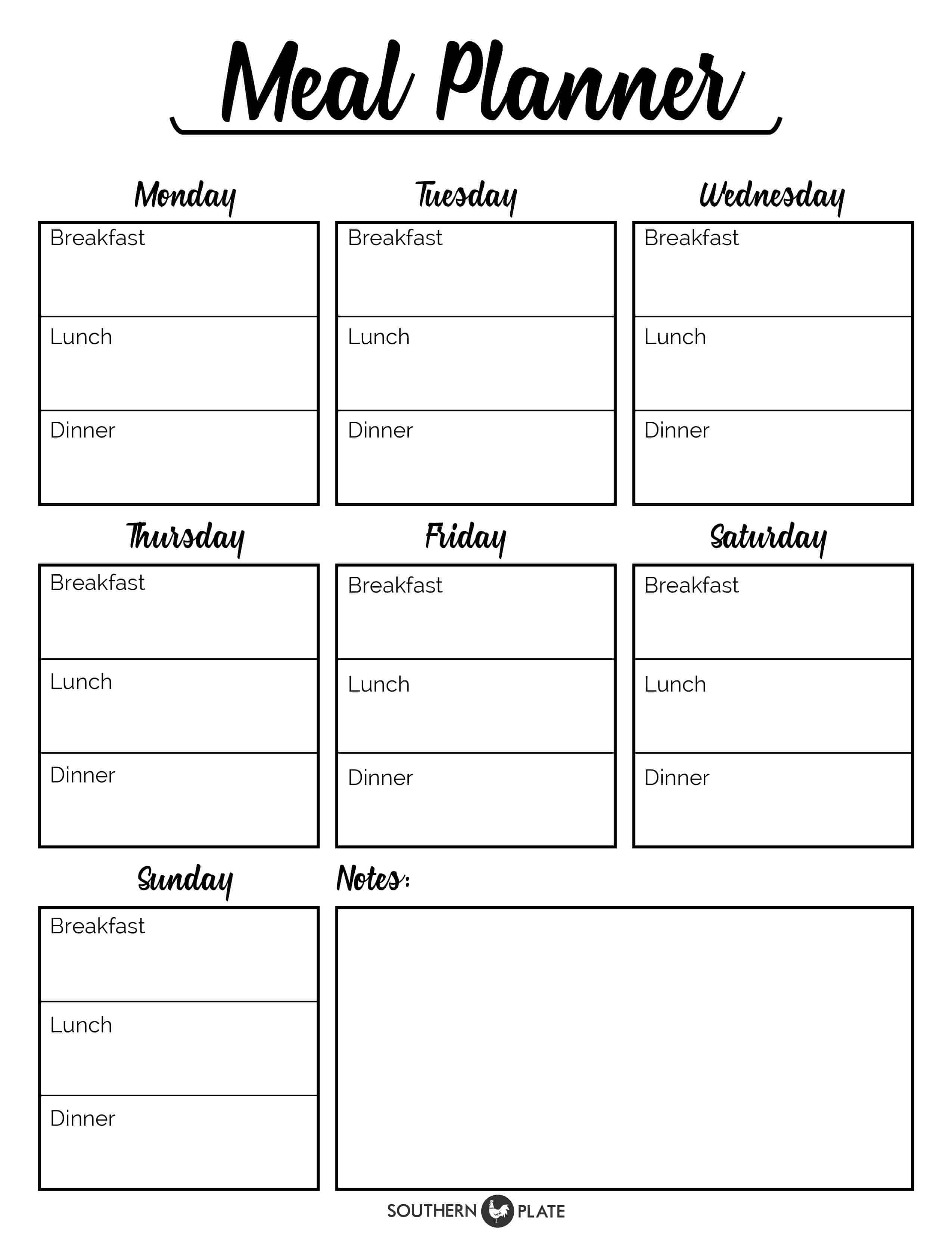 Free Printable Menu Planner Sheet – Southern Plate Throughout Blank Meal Plan Template