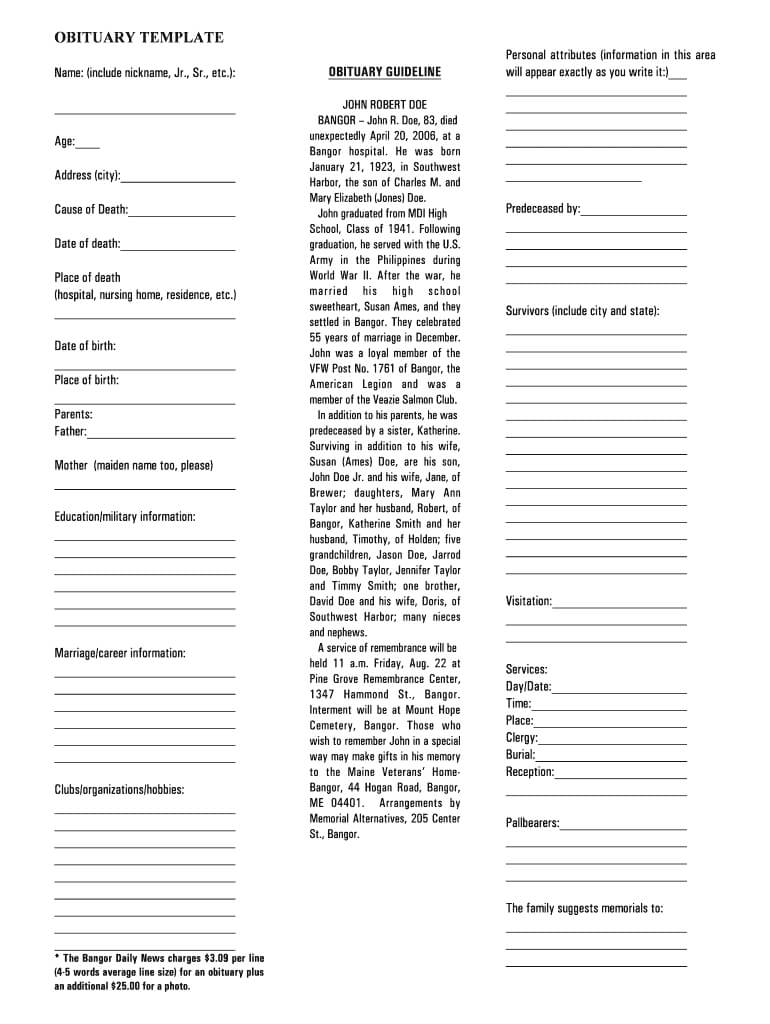 Free Printable Obituary Template – Fill Online, Printable Intended For Fill In The Blank Obituary Template