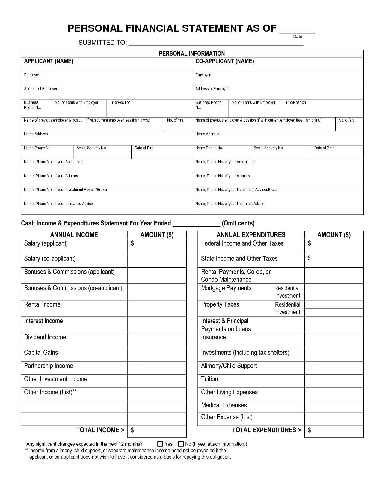 Free Printable Personal Financial Statement | Blank Personal With Blank Personal Financial Statement Template